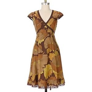 Anthropologie Brown and Gold Leaf Print Dress